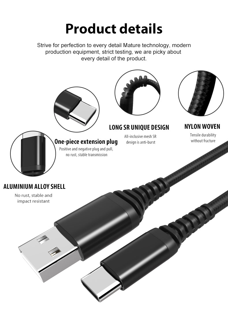 2.0m USB Type C to USB A with braided, aluminum alloy shell